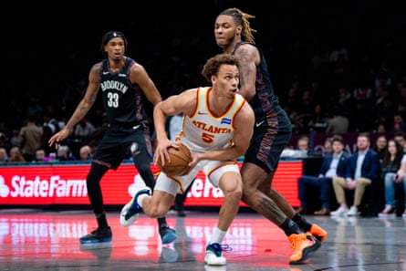 Atlanta Hawks guard Dyson Daniels drives to the basket against the Brooklyn Nets