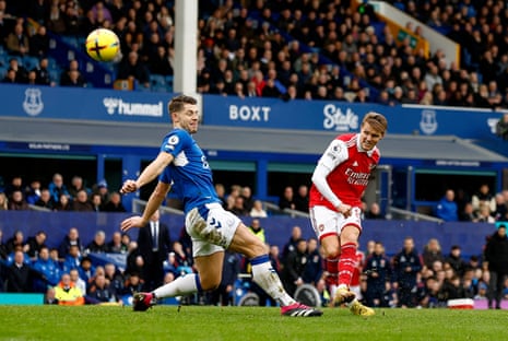 Martin Odegaard blasts a shot over the bar.