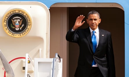 President Barack Obama on Air Force One at Andrews Air Force Base, Maryland, in 2012.