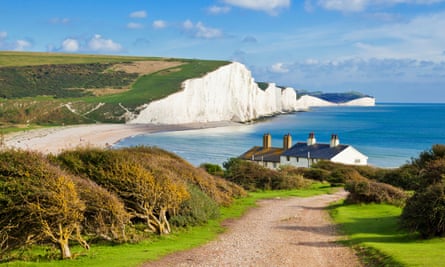 The Seven Sisters cliffs and the coastguard cottages, East Sussex.