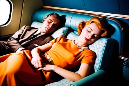 AI image of two passengers dozing and smiling on a 1950s aircraft