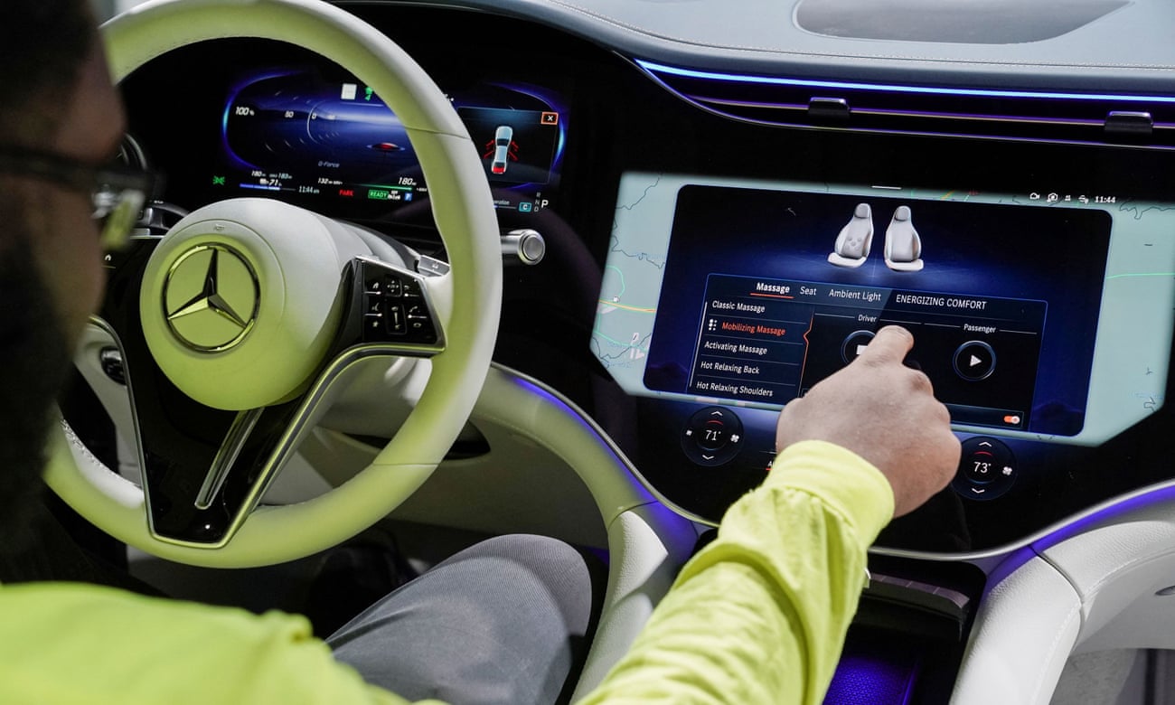 A digital dashboard screen on Mercedes’ new EQS SUV.