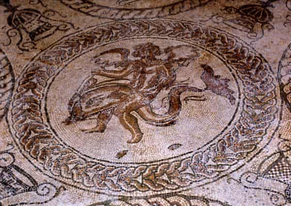 Dolphin mosaic at Fishbourne Roman palace, West Sussex.