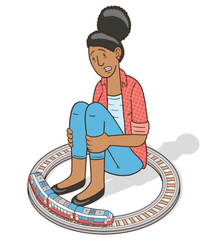 An illustration of a terrified woman sitting in the middle of a circular train track with a train going round it