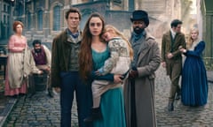 The miserables ... (from left) Olivia Colman, Adeel Akhtar, Dominic West, Lily Collins, David Oyelowo, Josh O’Connor and Ellie Bamber.