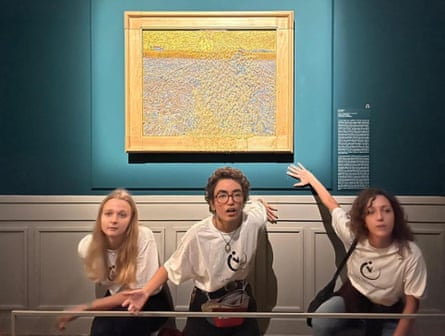 Climate activists from Last Generation threw pea soup at Van Gogh's The Sower at the Palazzo Bonaparte in Rome on November 4, 2022.