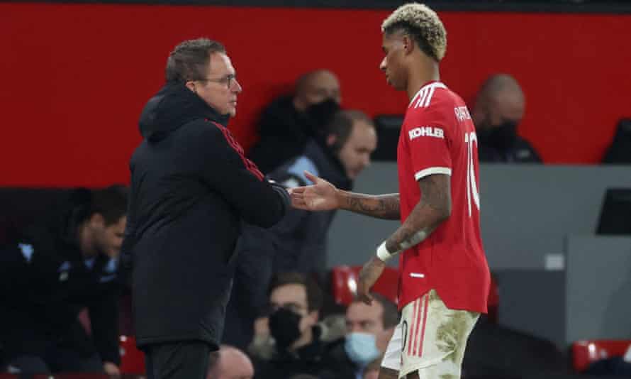 Marcus Rashford is substituted by Ralf Rangnick during Manchester United’s FA Cup win over Aston Villa