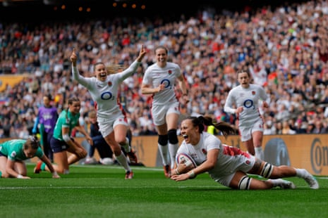 Maddie Feaunati scores for England against Ireland last season.