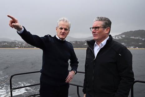 Keir Starmer, right, and Norwegian prime minister Jonas Gahr Støre, on a boat in Bergen, where they met for talks.