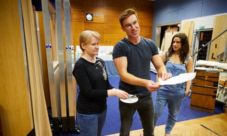 R-L: Characters Fallon Rogers (Joanna van Kampen) and Harrison Burns (James Cartwright) record an episode of The Archers with Liza Wallis, the spot studio manager, in 2019.