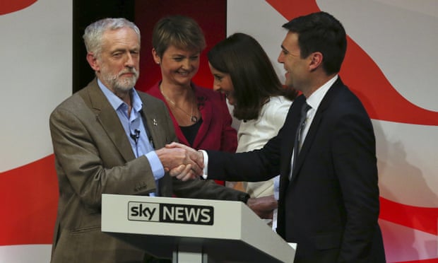 Jeremy Corbyn, Yvette Cooper, Liz Kendall, and Andy Burnham at the end of the final leadership debate in 2015