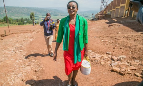 Victoire Ingabire walks outside the Nyarugenge prison in Rwanda after being released this month.