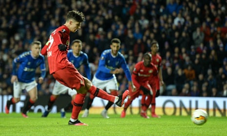 Kai Havertz scores from the spot for Bayer Leverkusen in their Europa League last-16 first leg at Rangers in March
