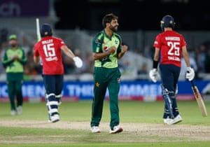 Haris Rauf celebrates after taking the wicket of David Willey.
