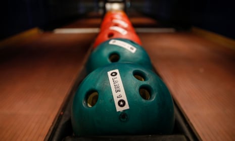 Bowling balls in a line.