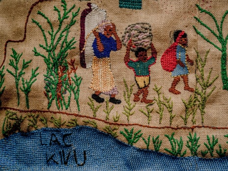 Artwork showing a family carrying bundles on their backs.
