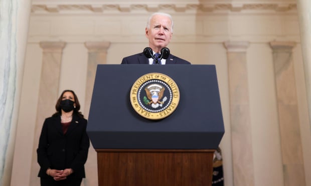 Joe Biden speaks on the verdict as Kamala Harris looks on, at the White House.