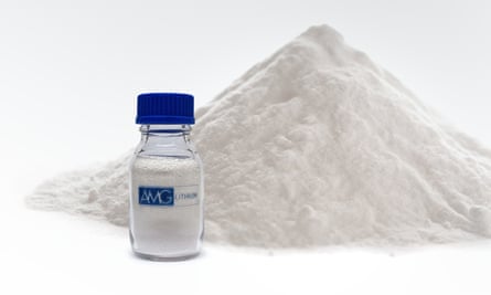 A pile of white powder. Standing next to it is a small transparent bottle labelled ‘AMG lithium’ full of the same powder