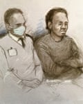 A court artist's sketch of Joshua Jacques sitting next to a security man wearing a mask