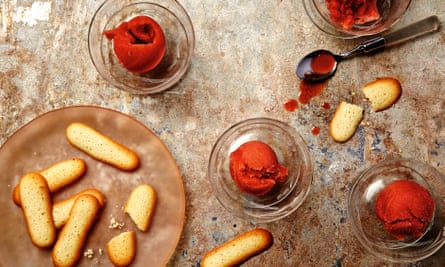 Photograph of Thomasina Miers’ blood orange and Aperol sorbet with langues du chat.
