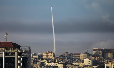 A rocket is launched from the coastal Gaza strip towards Israel by militants of the Ezz Al-Din Al Qassam militia, the military wing of Hamas movement