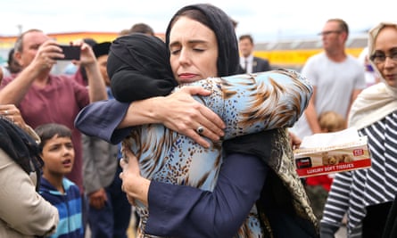 New Zealand prime minister Jacinda Ardern hugs a mosque-goer in Wellington in March 2019.