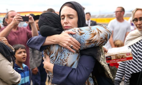 Prime Minister Jacinda Ardern hugs a mosque-goer at the Kilbirnie Mosque