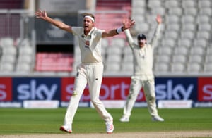 Broad appeals successfully for the wicket of Dowrich.