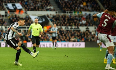 Miguel Almirón curls home Newcastle's fourth goal against Aston Villa