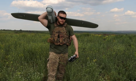 A Ukrainian serviceman with a reconnaissance unmanned aerial device near Kostiantynivka.