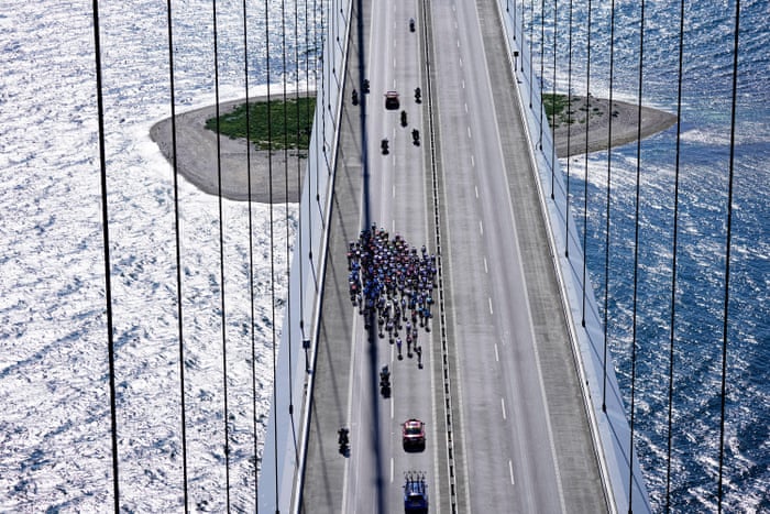 Riders cross the Great Belt Bridge.
