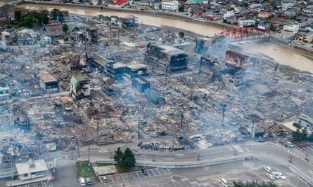 Smoke rising from an area following a large fire in Wajima, Ishikawa prefecture