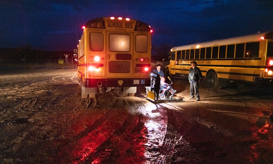 Parents are forced to drop their children at the Sanostee chapter house because the buses are unable to navigate the muddy roads.