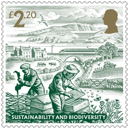 The sustainability and biodiversity stamp depicts sustainable farming methods and renewable sources of energy.