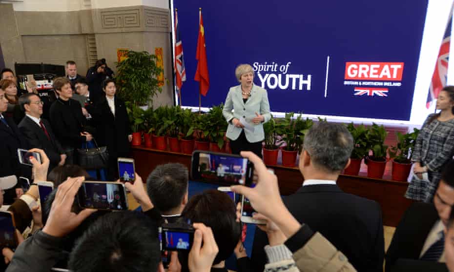 Theresa May at Wuhan University in China today, in front of a UK government logo proclaiming ‘GREAT Britain’.