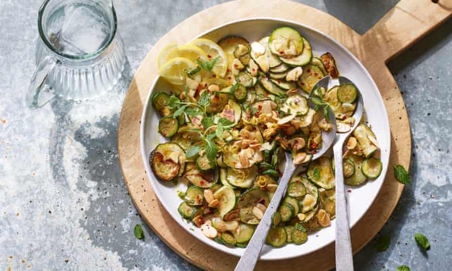 Courgettes stewed with mint, chilli and almonds by Letitia Clark.