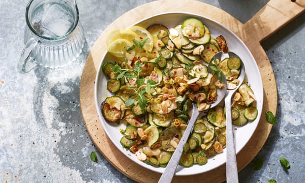 Slow-cooked courgettes with mint, chilli and almonds by Letitia Clark.