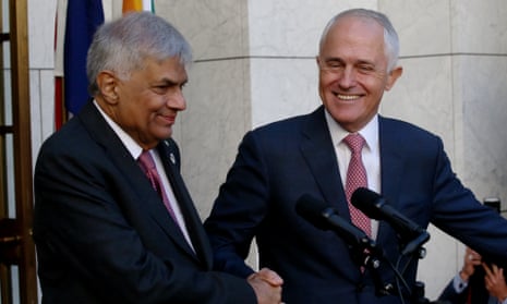 Ranil Wickremesinghe and Malcolm Turnbull face the media at Parliament House in Canberra on Wednesday