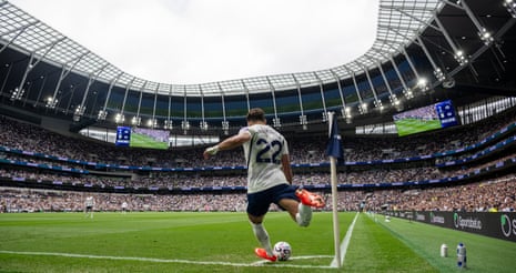 Omar Marmoush of Tottenham shot from behind while taking a corner kick