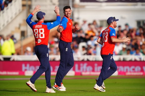 England’s Josh Tongue celebrates the wicket of India’s Abhishek Sharma.