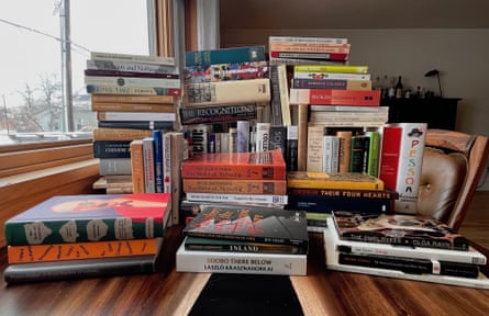 The book stack of Chris Stokes, who took two years of unpaid leave, just to read.