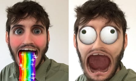 Snapchat’s “lenses” feature, as modelled by Guardian technology reporter Alex Hern.