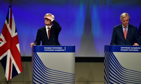 David Davis (left), the Brexit secretary, and Michel Barnier, the EU’s chief Brexit negotiator, at their press conference in Brussels.