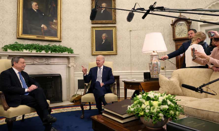 Italy’s Prime Minister Mario Draghi meets with U.S. President Joe Biden in the Oval Office at the White House in Washington, May 10.