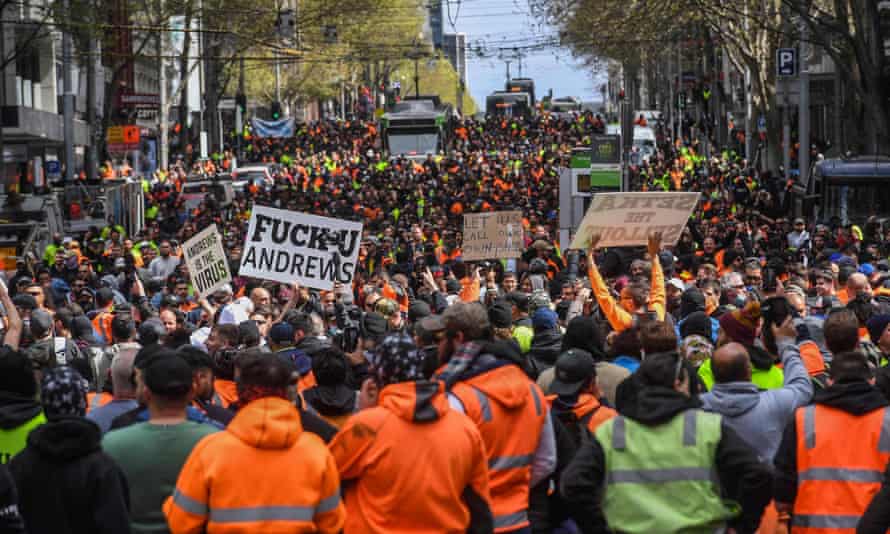 Construction workers and demonstrators attend an anti-lockdown protest in Melbourne