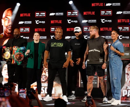 Katie Taylor (second left), stands alongside Mike Tyson (centre left), Jake Paul (centre right), and Amanda Serrano.