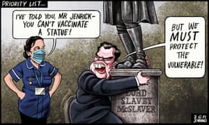 Ben Jennings cartoon 18/1/21: nurse rebukes Robert Jenrick clings to a slaver statue
