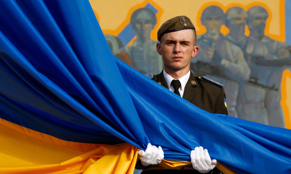 A Ukrainian serviceman at a flag-raising ceremony in Lviv this week