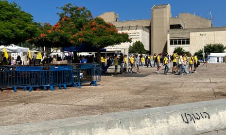 Hostage Square, established in the plaza between the National Library, the Tel Aviv Museum of Art and the Tel Aviv District Court. Buses arrive here daily with youth groups from the kibbutzes, moshavs and towns from the area of southern Israel invaded by Hamas on 7 October 2023.