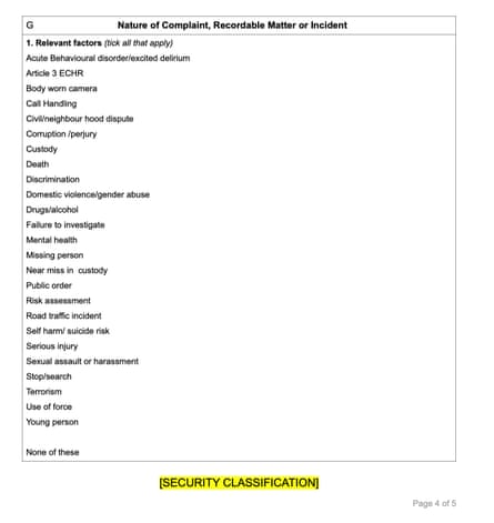An IOPC complaint referral form with ‘excited delirium’ listed at the top
